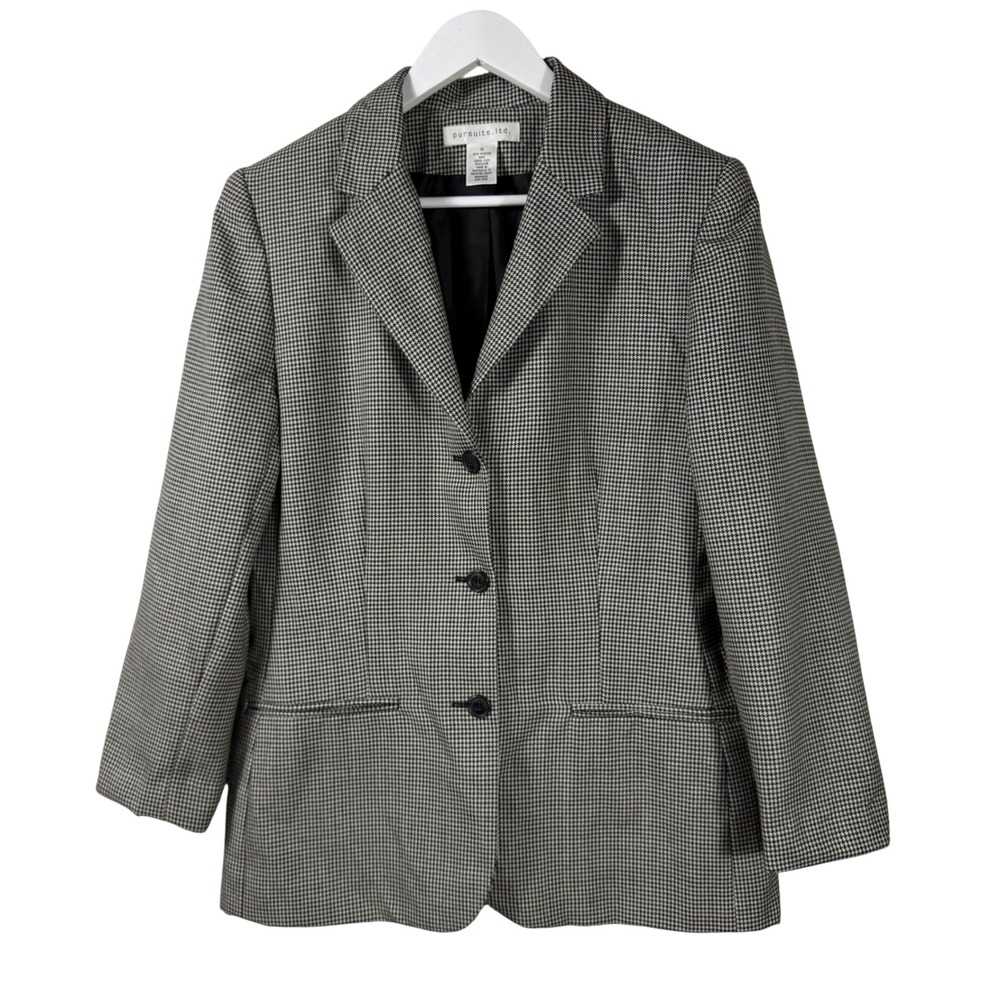 Pursuits Ltd Womens Worsted Wool Houndstooth Blazer Black White 12